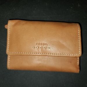 Brown leather Fossil tri-fold wallet with removable ID holder